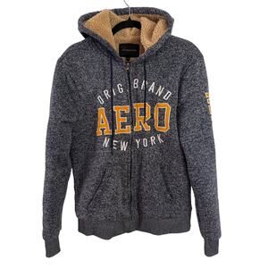 Vtg Aeropostale Mens Hoodie Gray Medium Full Zip Sherpa Embroidered Spellout Y2K